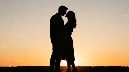 Silhouette of a loving couple on a background of the setting sunの素材