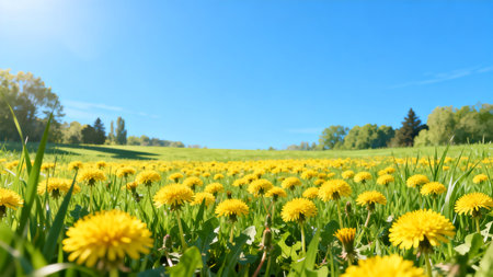 Yellow dandelions on green meadow in sunny day. Spring landscape.の素材