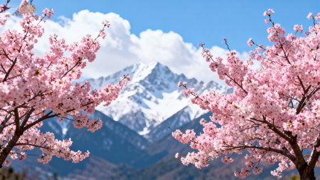 Cherry blossoms in full bloom in spring, with snow-capped mountains in the backgroundの素材