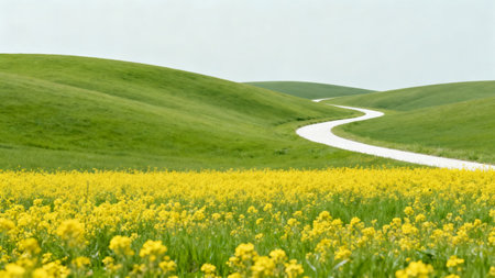 Rape blossoms and a winding road on the hillside in springの素材