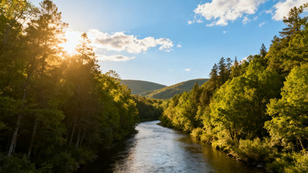 Beautiful landscape with the river and forest on a sunny day.の素材