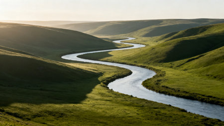 Beautiful landscape with a river and green hills in the sunset lightの素材