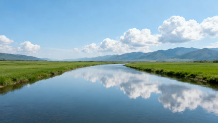 Landscape of grassland and river with blue sky and white cloudsの素材