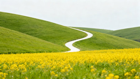 Rural road through a meadow with yellow flowers in the springの素材