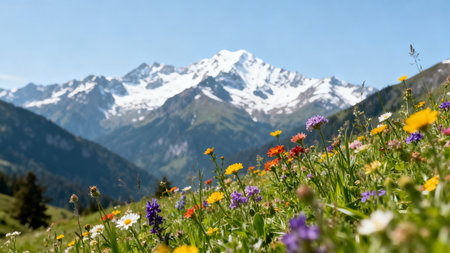Mountain meadow with colorful wildflowers and snow-capped mountains in backgroundの素材