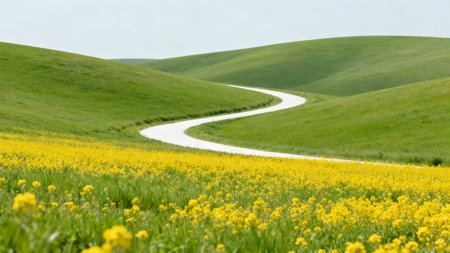 Rape field and winding road in Tuscany, Italy.の素材