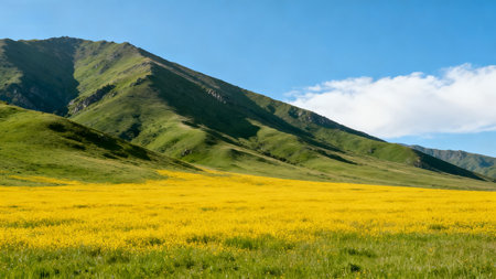 Mountain landscape with yellow flowers and blue sky, Kyrgyzstanの素材