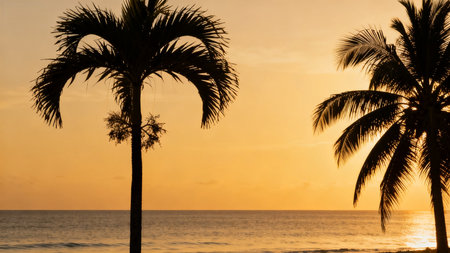 Silhouette of palm trees on the beach at sunset time.の素材