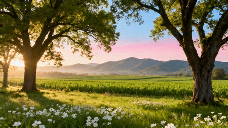 Beautiful spring landscape with meadow and old oak trees at sunsetの素材