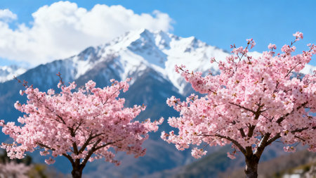 Cherry blossoms in spring with Himalaya mountains in the backgroundの素材