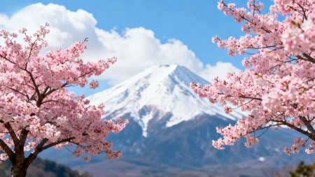 Fuji and Cherry blossom in spring season at Yamanashi, Japanの素材