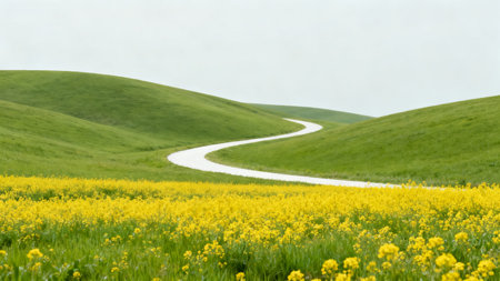 Road on the hillside in spring with yellow flowers and green grassの素材