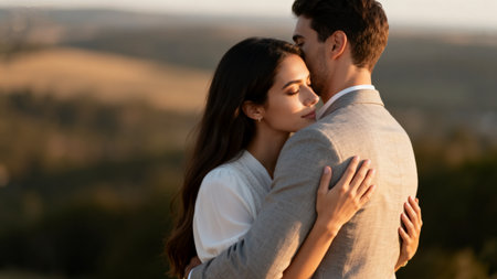 Young couple in love embracing and kissing on the top of the hill.の素材