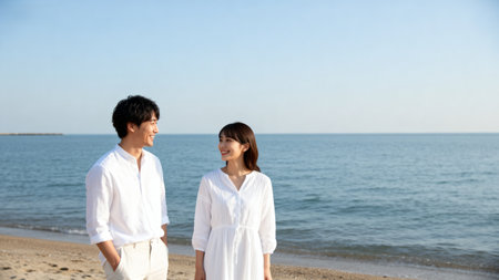 Young asian couple walking along the beach on a sunny day.の素材