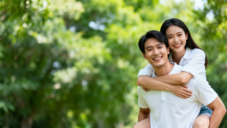 Happy asian young couple in love having fun together in the parkの素材