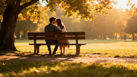 Romantic couple sitting on a bench in the park at sunset.の素材