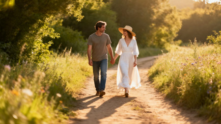 Young couple walking in the countryside on a sunny summer day, back viewの素材