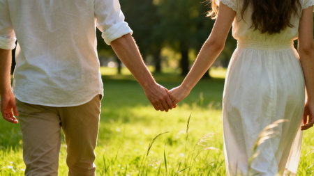 Couple holding hands and walking in the park on a sunny dayの素材