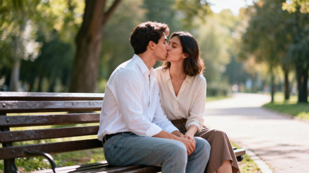 Beautiful young couple sitting on a bench in the park and kissingの素材