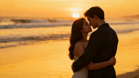 Couple in love on the beach at sunset. Bride and groom at sunsetの素材