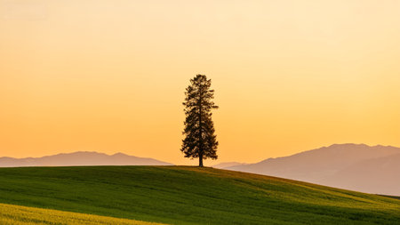Lonely tree in the field at sunset, Tuscany, Italyの素材