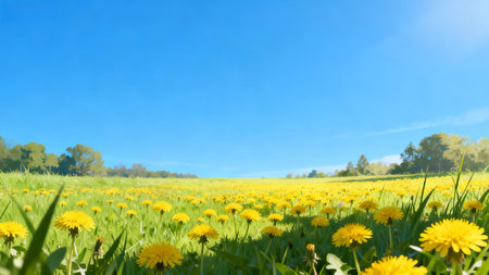 Yellow dandelions on a meadow under blue sky with cloudsの素材