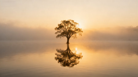 Tree in the mist on the lake at sunrise. Beautiful landscape.の素材