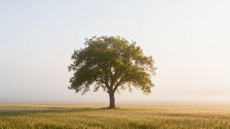 Single tree in the field with fog in the morning, springtimeの素材