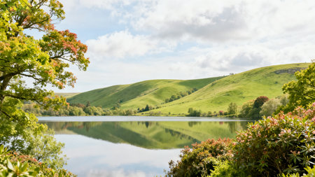Autumn landscape with lake and green hills on a sunny day.の素材