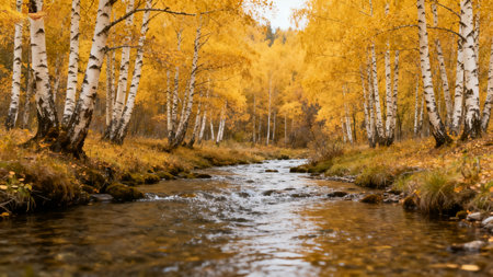 Autumn landscape with a small river and birch trees in the forestの素材