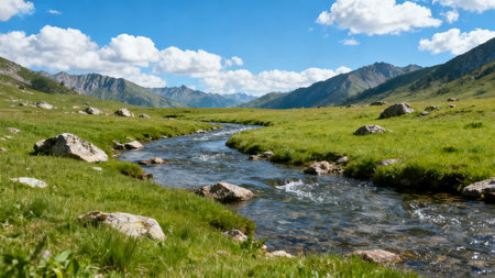 Mountain landscape with river and blue sky, Kyrgyzstanの素材
