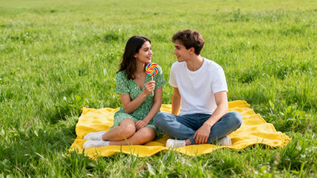 Happy young couple eating lollipops on picnic blanket in parkの素材