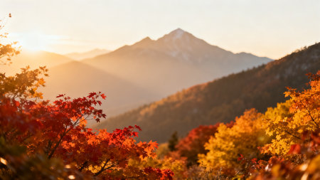 Colorful autumn leaves in the mountains. Beautiful autumn landscape with colorful trees in the mountains.の素材