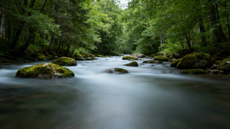 Long exposure of a mountain river flowing through a green forest during daytimeの素材