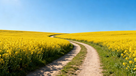 Rapeseed field with a dirt road leading to the horizon.の素材