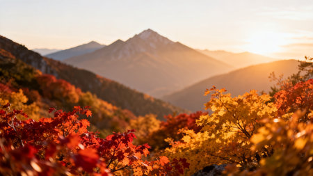 Colorful autumn landscape in the mountains. Beautiful view of the forest and mountains.の素材