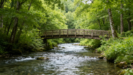Wooden bridge over a stream in the forest. Summer landscape.の素材