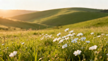 White daisies on a green meadow in Tuscanyの素材