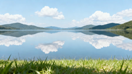 Reflection of clouds in the lake with green grass and blue skyの素材