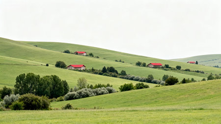 Countryside landscape with green meadows and red barns on hillsideの素材