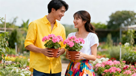Young asian couple florist with flowers in the garden.の素材