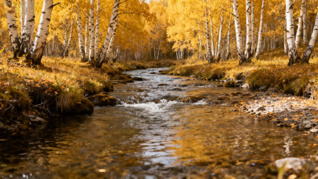 Autumn landscape with birch forest and stream. Beautiful nature backgroundの素材