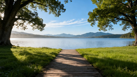 Wooden path leading to a lake with a view of the mountainsの素材