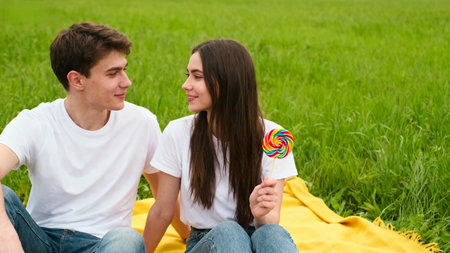 Young couple with lollipop sitting on green grass in park.の素材
