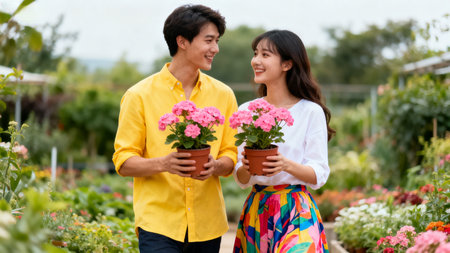 Young asian couple florist holding flower pot in the gardenの素材