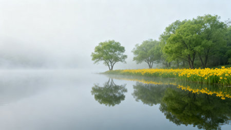 Daffodils in a foggy morning on a lake in springの素材