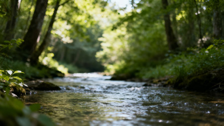 Beautiful river flowing through the forest. Soft focus, shallow DOF.の素材