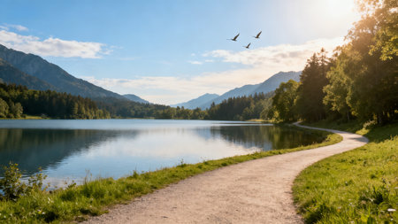 Hiking path on the shore of a mountain lake in Austria.の素材