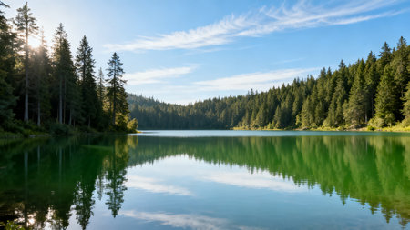 Panoramic view of the mountain lake with reflections in the waterの素材