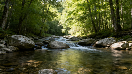Mountain river flowing through the forest. Shallow depth of field.の素材